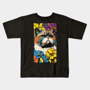 Exotic Shorthair Cat Vibrant Tropical Flower Tall Retro Vintage Digital Pop Art Portrait 2 Kids T-Shirt